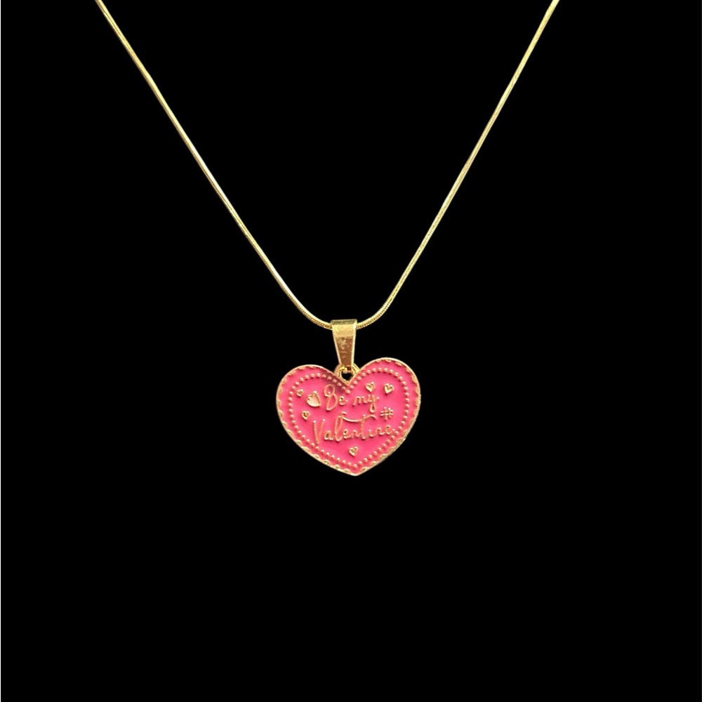 Be My Valentine Heart Necklace Pink Enamel Gold Snake Chain 18” Love Pendant